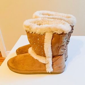 Girls Camel Fur Rhinestone Winter Boots sz 5 6